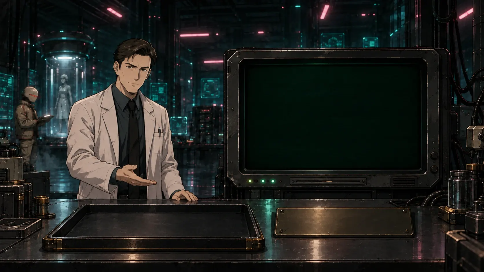 A scientist welcomes you to a dark illustrated laboratory, with a specimen tray on the desk and a large green CRT monitor.